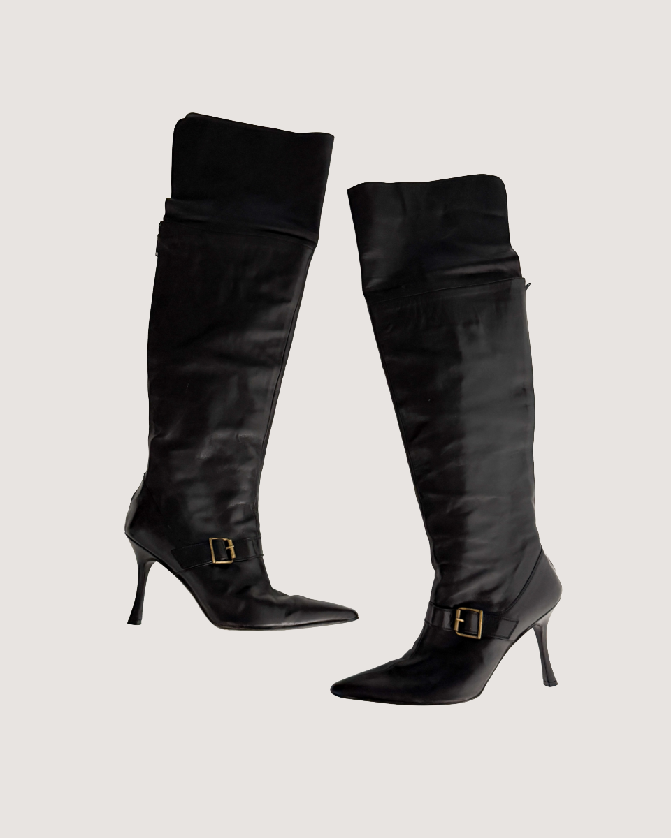 Manolo Blahnik Black Leather Ankle Strap Heels (IT 36.5